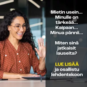 Nainen vilkuttaa tietokoneen kameralle.