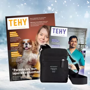 Tehy-lehtiä ja Marimekon laukku.