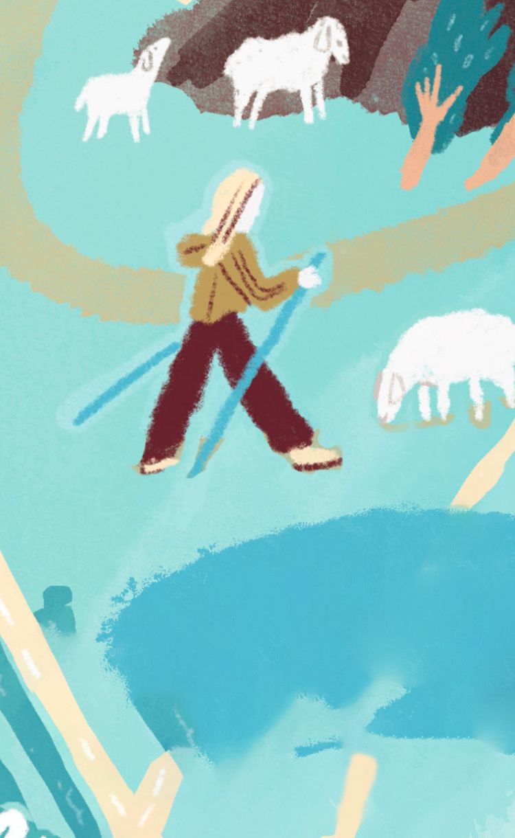 Sirpa Podrouzekin elämää kuvitettuna. Sirpan kasvokuva lisätty kuvituksen päälle pallon muotoisena.