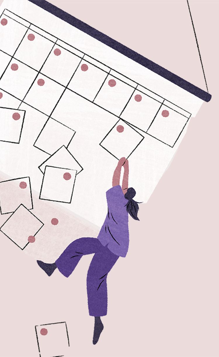 Kuvituskuva, jossa ihminen roikkuu kalenterin yhdessä päivässä.