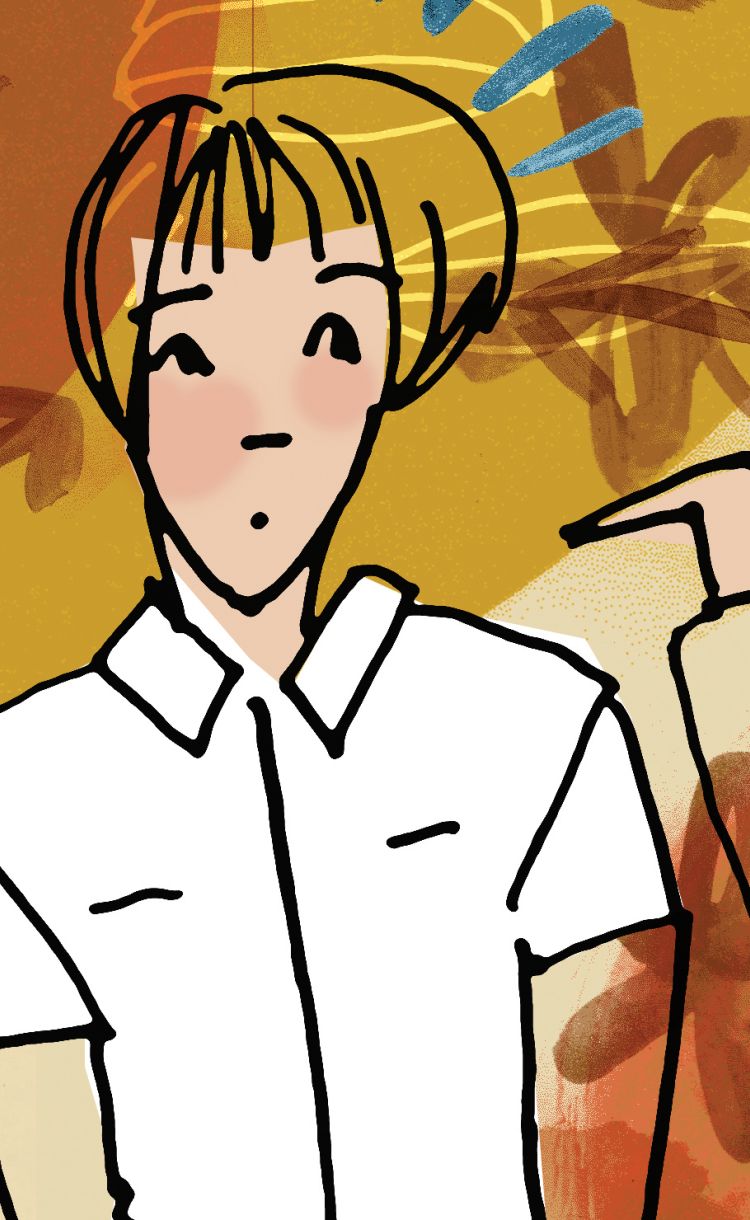 Kuvituskuva hoitajasta, jonka ympärillä muut ihmiset ilkkuvat häntä.