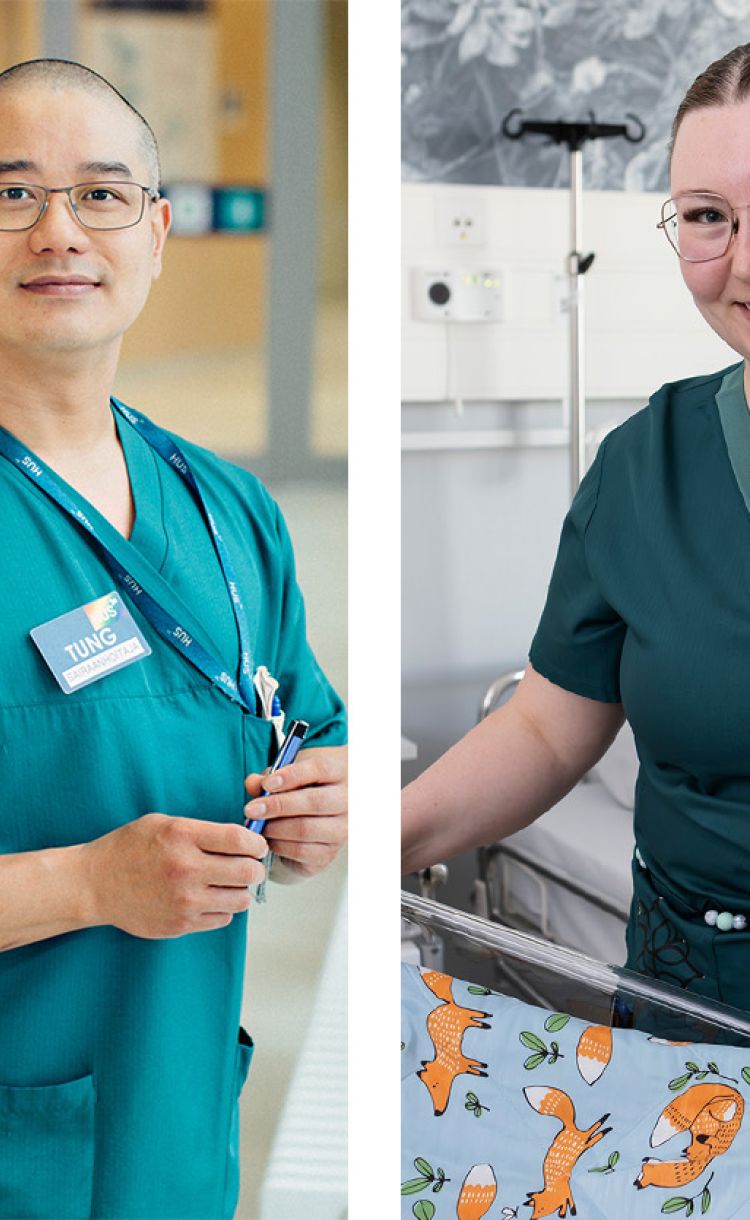 Neljä henkilökuvaa vierekkäin. Vasemmalta, fysioterapeutti Kaisa Jakonen, sairaanhoitaja Tung Bui, kätilö Camilla Tammi ja lähihoitaja Maria Liecks.