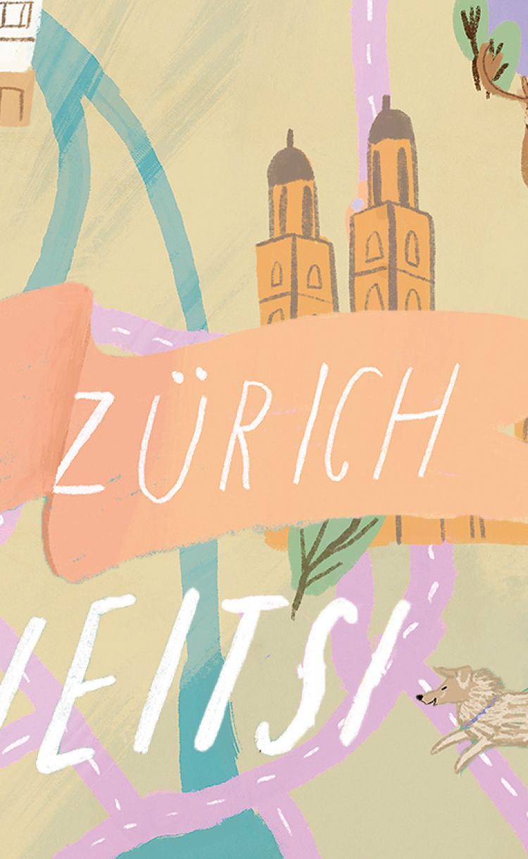 Piirroskuvitus Zürichin lähialueesta ja Veera Peuhkuri koirineen.