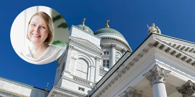 Kuvassa on taustalla tuomiokirkko ja kuvan päällä kasvokuva Else-Mai Kirvesniemestä.