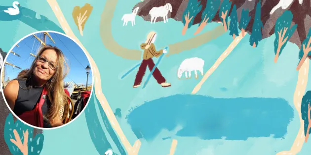 Sirpa Podrouzekin elämää kuvitettuna. Sirpan kasvokuva lisätty kuvituksen päälle pallon muotoisena.