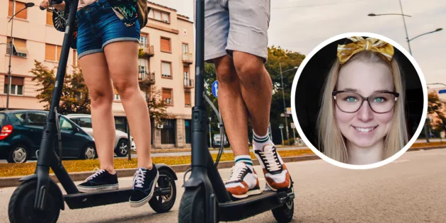 Sähköpotkulautailijoita kesämaisemassa ja kuvaan liitetty sairaanhoitaja Venla Viidan kasvokuva.