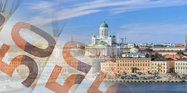 Maisemakuva Helsingistä, kuvan etualalla leijuu 50 euron seteleitä.