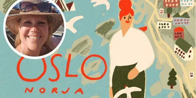 Piirroskuvitus Oslosta ja Elinan kasvokuva.