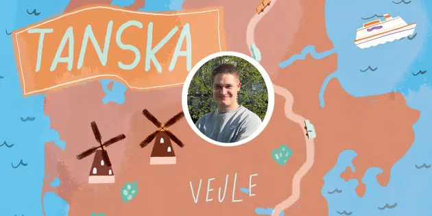 Piirretty karttakuva Arttu Mikkolan harjoittelupaikasta Tanskassa.