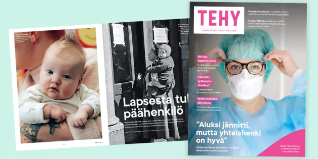 Tehy-lehden kansi 4/22 ja aukeama lehdestä 10/22.
