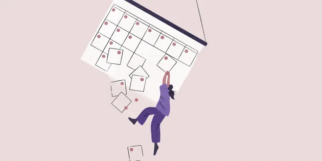 Kuvituskuva, jossa ihminen roikkuu kalenterin yhdessä päivässä.