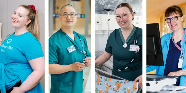 Neljä henkilökuvaa vierekkäin. Vasemmalta, fysioterapeutti Kaisa Jakonen, sairaanhoitaja Tung Bui, kätilö Camilla Tammi ja lähihoitaja Maria Liecks.