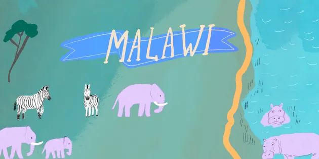 Kartta Malawista, keskellä kuva norsusta ja oikealla Malawi -järvi.