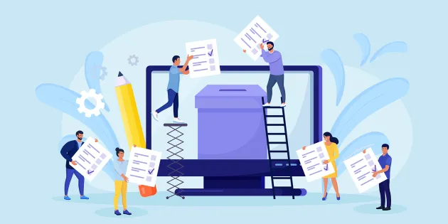 Piirroskuva, jossa hahmot laittavat äänestyslippuja uurnaan.