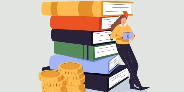 Piirroshahmo nojaa kirjakasaan. 