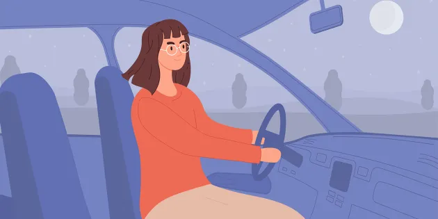 Piirroskuva, jossa nainen ajaa autoa. 