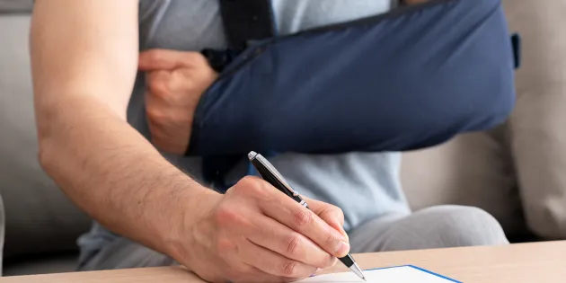 Mies kirjoittaa kynällä paperiin. Toinen käsi on kantositeessä. 