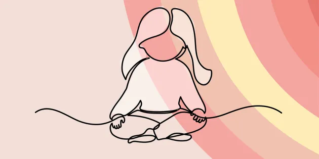 Piirroskuva, jossa lapsihahmo istuu lattialla jalat ristissä.