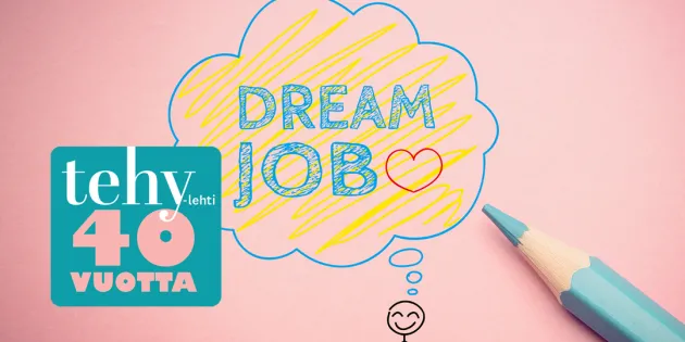 kynä ja piirretty kuva tikku-ukosta ja ajatuskuplasta, jossa teksti 'dream job'