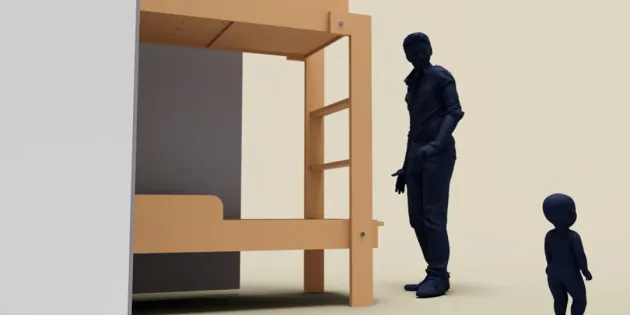 Otkes selvitti Vantaan Myyrmäessä maaliskuun lopulla sattunutta onnettomuutta, jossa pieni lapsi luisui kaappisängyn ja seinän väliin ja jäi ylävartalostaan sinne puristuksiin. Havainnekuva videolta, jossa ihmishahmo on aloittamassa kaappissängyn nostamista ylös.