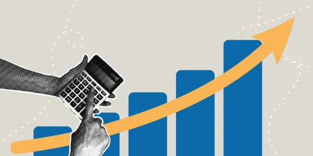 Käsiparit joissa laskin. Taustalla graafisia palkkeja.