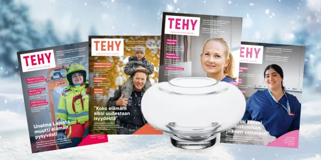 Vuoden 2024 Tehy-lehtien kansia ja Marimekon kynttilälyhty.