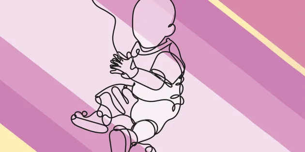 Piirretty lapsihahmo värikkäällä pohjalla. 