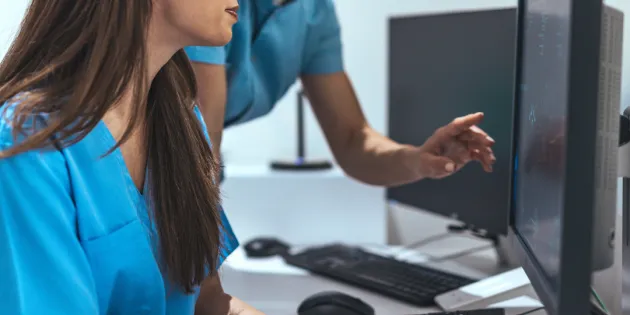 Kasi hoitajaa katsoo tietokoneen näytöltä tietoja.