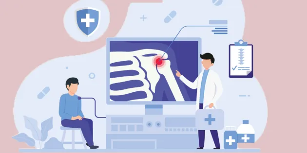 Piirroskuva, jossa lääkäri esittelee potilaalle olkapään rtg-kuvaa