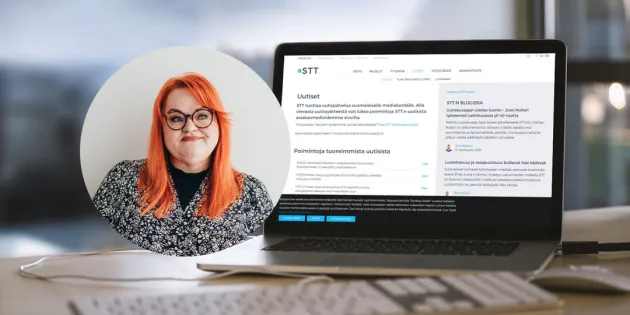 Millariikka Rytkönen ja taustalla näkyy kannettava tietokone, jonka näytöllä on STT:n verkkosivut.