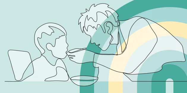 Piirroskuva, jossa aikuinen syöttää lasta.