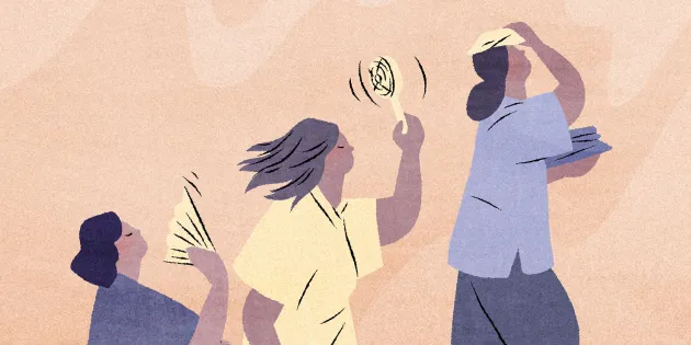 Kolme naista kulkee peräkanaa. Kaikki yrittävät viilentää oloaan. Kaksi leyhyttelee viuhkaa ja yhdellä on jääpalapussi pään päällä.