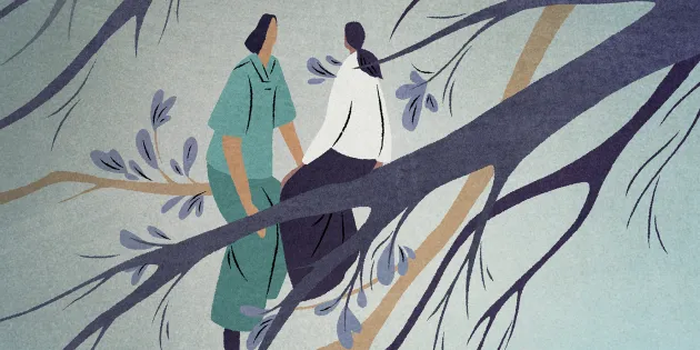 Piirroskuva, jossa hoitaja ja potilas istuvat puun oksalla.