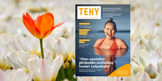 Tehy-lehden 6-7/2022 kansi ja taustalla tulppaaniniitty.