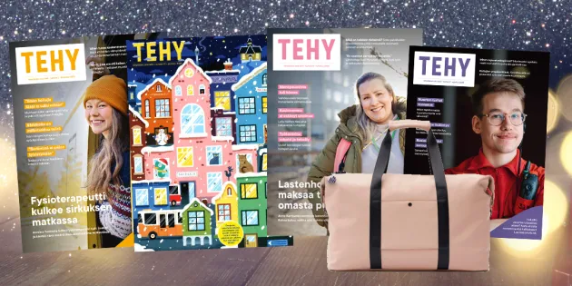 Vuoden 2025 Tehy-lehden kansia tähtitaivasta vasten ja viikonloppulaukku.