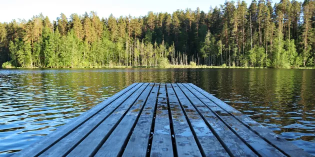 Tyyni järvi ja laituri kesäisessä maisemassa. Hyvinvointialueiden yt-neuvottelut vievät hoitajilta lomarauhan
