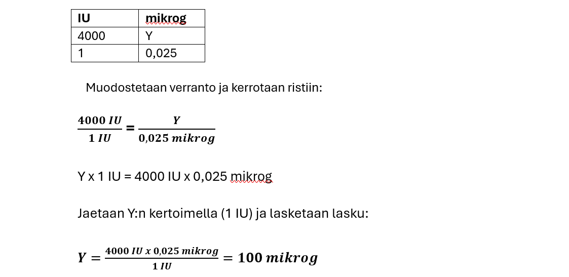 Lääkelaskun ratkaisu verrannolla.