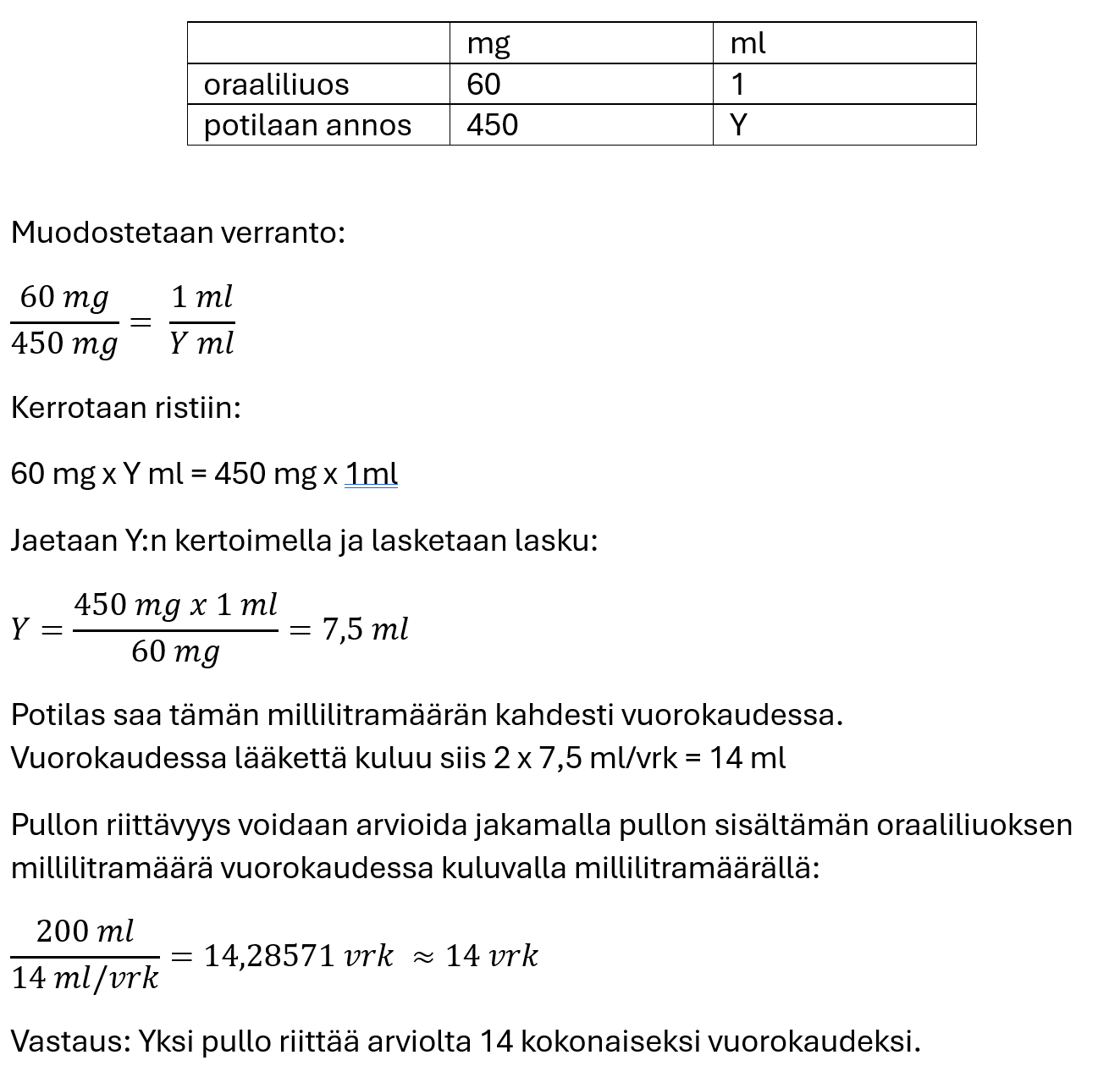 Lääkelaskun ratkaisu.