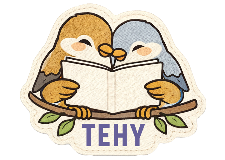 Tehy-lehden haalarimerkki, jossa kaksi lintua lukee oksalla lehteä yhdessä, alla lehden logo.