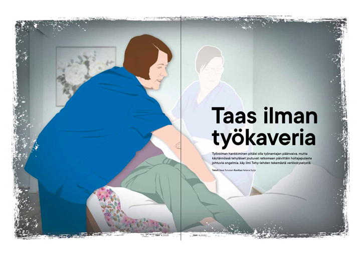 Realistinen, pelkistetty piirroskuva hoitajasta työtilanteessa, auttamassa potilasta sängyssä. Hahmojen takana haalistuva peilikuva.