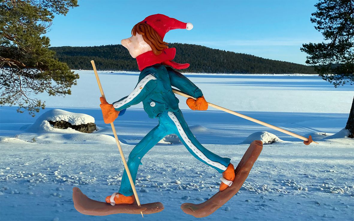 Kuvituskuva, jossa muovailuvahasta tehty ihmishahmo hiihtää.