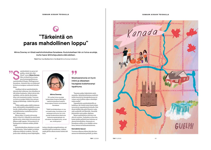 Karttatyylinen kuvitus Kanadasta, jossa näkyy rakennuksia, vesiputous, ihmisiä, vaahteranlehtiä ja paikkamerkintöjä. Pehmeä, pastellinen värimaailma.