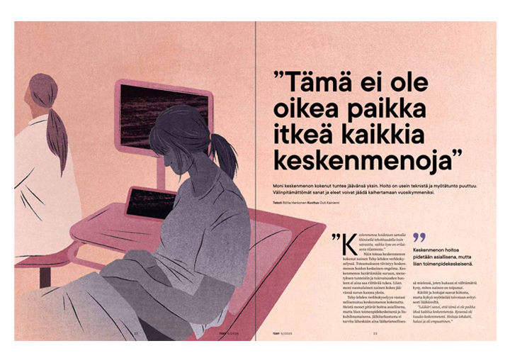 Outi Kainiemien kuvitus keskenmenoja käsittelevään juttuun. Potilas makaa tutkimuspöydällä ja taustalla näkyy hoitaja ja tietokoneen näyttö.