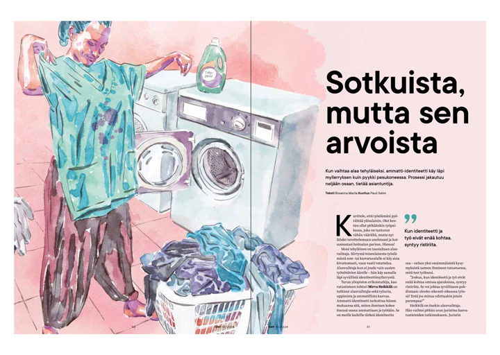 Värikäs, vesivärimäinen kuvitus henkilöstä pyykkituvassa, nostamassa sairaalapaitaa pyykkikorista. Taustalla pesukoneita ja pyykkiä.
