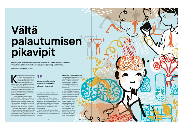Leikkisä, viivapiirroksia ja symboleja yhdistelevä kuva, jossa näkyy aivot, henkilöitä liikkumassa ja erilaisia palautumiseen liittyviä elementtejä kuten musiikki ja uni.