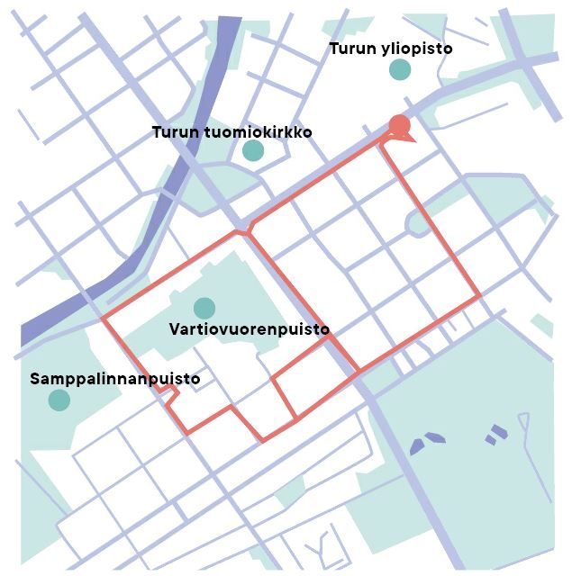Turun keskustaa kuvaava kartta, johon merkitty Jasminin pyöräilyreitti.