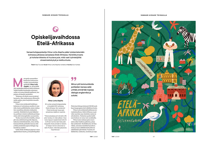 Koristeellinen karttamainen kuvitus, jossa näkyy kirahvi, rakennuksia, eläimiä ja paikannimiä. Lämminsävyinen, graafinen tyyli.