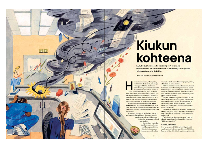 Vesivärityylinen kuva sairaalaympäristöstä, jossa myrskymäinen pyörre imee papereita ja esineitä. Hahmot työskentelevät taustalla.
