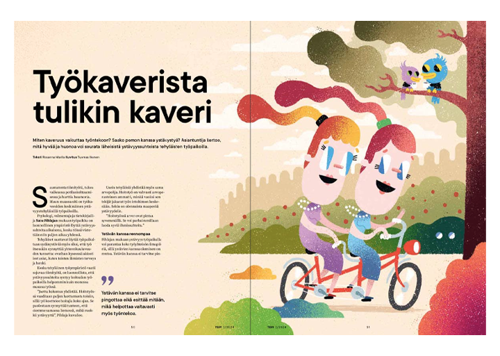 Sarjakuvamainen kuvitus kahdesta iloisesta hahmosta tandempyörällä, taustalla vihreä maisema ja lintuja puussa.