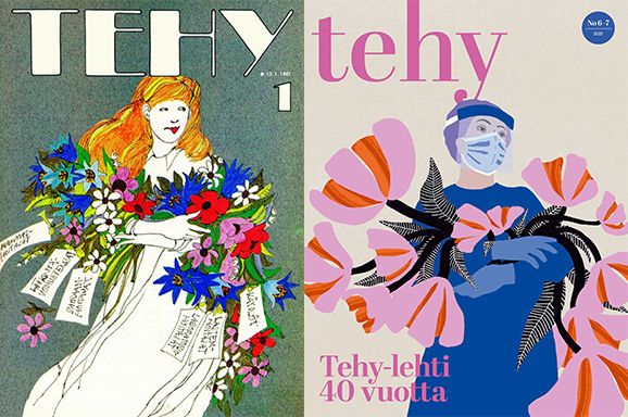 Tehy-lehden ensimmäinen kansikuva ja 40-vuotisjulkaisun kansikuva. Molemmissa piirretyt hahmot pitelevät kukkia.